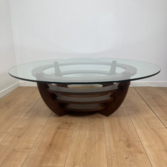 Image 1 of Skulpturaler Couchtisch mit konzentrischen Ringen, Glas und Holz, um 1985