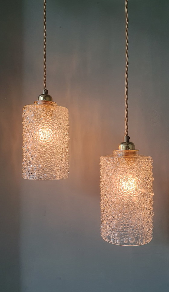Set of 2 Vintage Glass Pendant lamps - Bubble Glass Texture (photo 4 of 26)