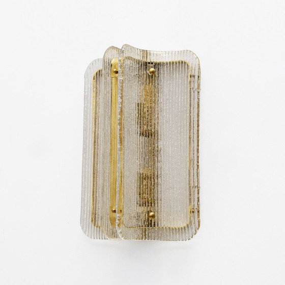Image 1 of Pair of Curved Clear Ribbed Murano Glass and Brass Wall Sconces