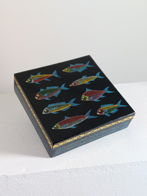 Image 1 of Scatola laccata vintage dipinta a mano di metà secolo, decoro Fosch