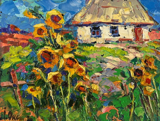 Image 1 of Original Oil Painting Summer Flowers Landscape The sun in every sunflower
