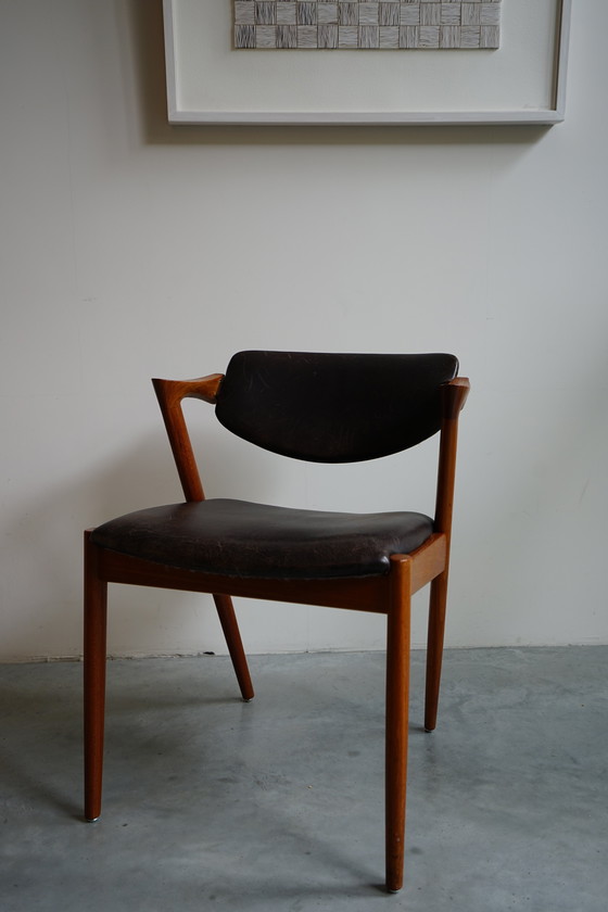 Image 1 of 6 Kai Kristiansen stoelen | Model 42 | Teak Leder patina