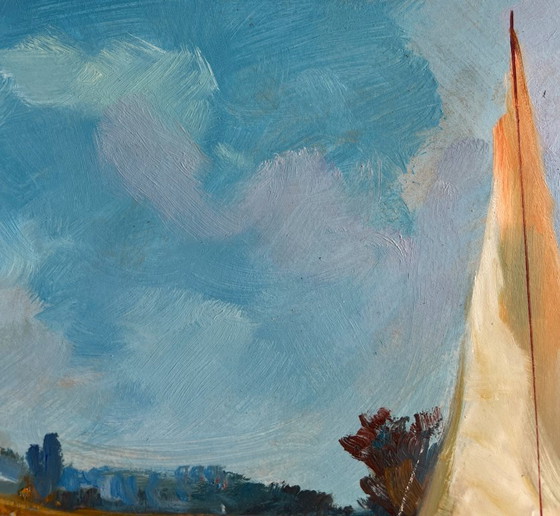 Image 1 of Original Oil Painting River Boats Landscape Sailing on a yacht