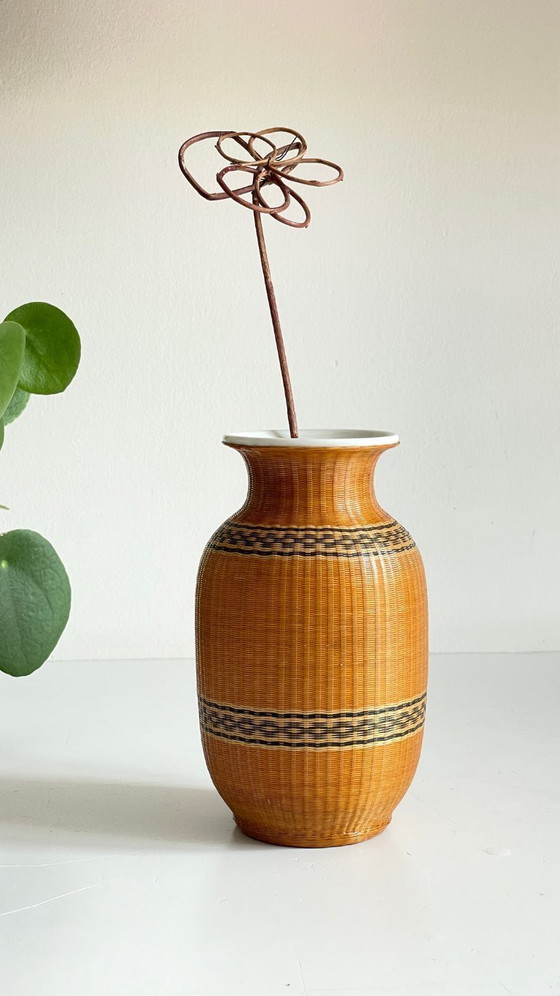 Image 1 of Vintage Woven Bamboo and Fine Porcelain Vase