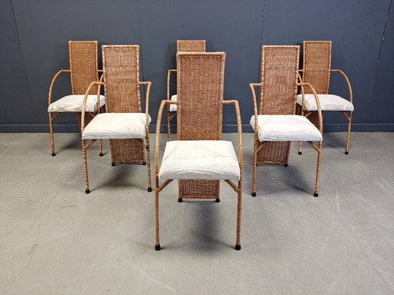 Image 1 of Vintage wicker high back dining chairs set of 6 - 1980s