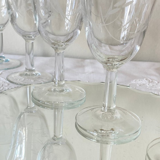 Image 1 of 6 antique stemmed glasses engraved with stylized flowers, suitable for wine or water