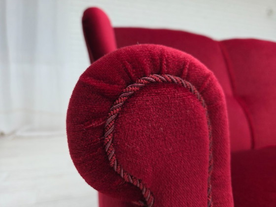 Image 1 of 1960s, Danish 3-seater curved sofa, red furniture velour.