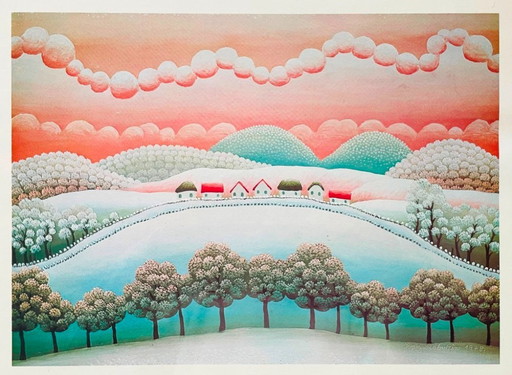 Naive landscape art print by I. RABUZIN ~ Vintage 70s