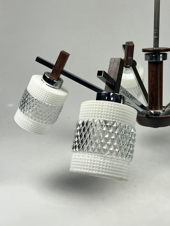 Image 1 of Vintage Kroonluchter, Chroom Met Glas En Hout, België 1970's