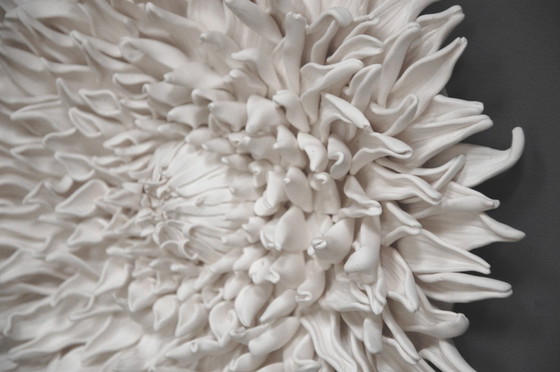 Image 1 of Muurdecoratie, sculptuur, bloemdecoratie, klei, dahlia, organisch bloemenmotief, statement voor je interieur