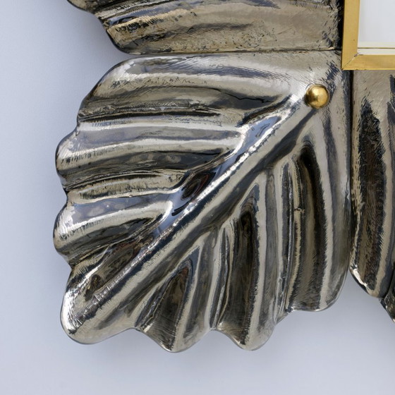 Image 1 of Italiaanse wandspiegel van messing en bladeren uit het midden van de eeuw van Muranoglas