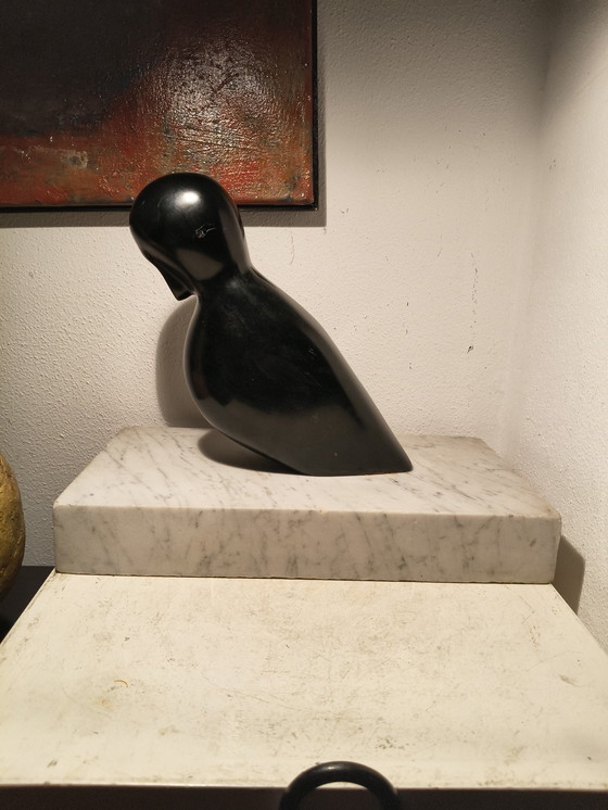 Image 1 of Vintage design modernist black marble sculpture of a stylized abstract bird on a white marble base