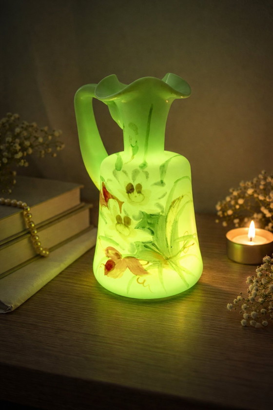 Image 1 of Rare small Legras pitcher in Art Nouveau uranium glass with beaded enamel, 13 cm tall.