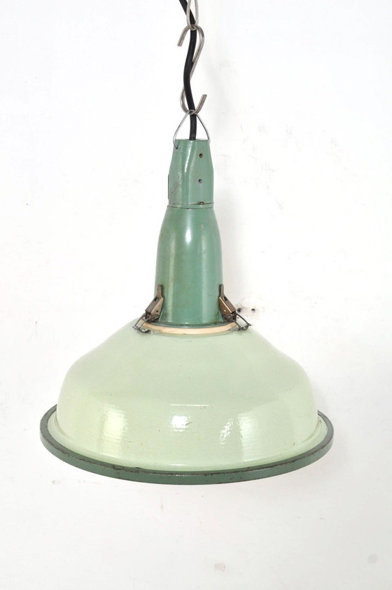 Image 1 of Vintage Enamel Factory Lamp With Spherical Glass