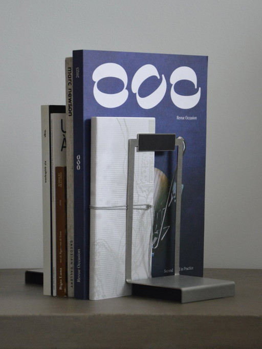 Vintage Handcrafted Bookends in Brushed Steel and Wood - Modernist/Mid-Century Design, Unsigned