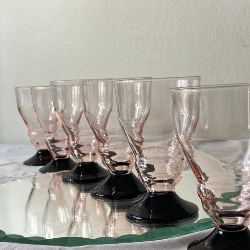 6 piccoli bicchieri da vino o acqua art déco rosa con gambo nero, 8 cl