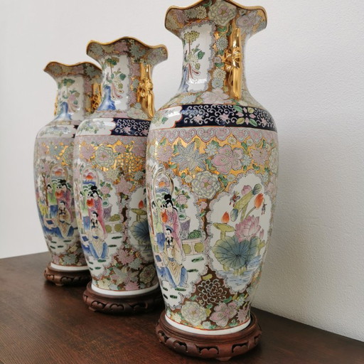 Set of 3 Vintage Oriental Vases Baluster Vases, Canton Porcelain, Porcelain