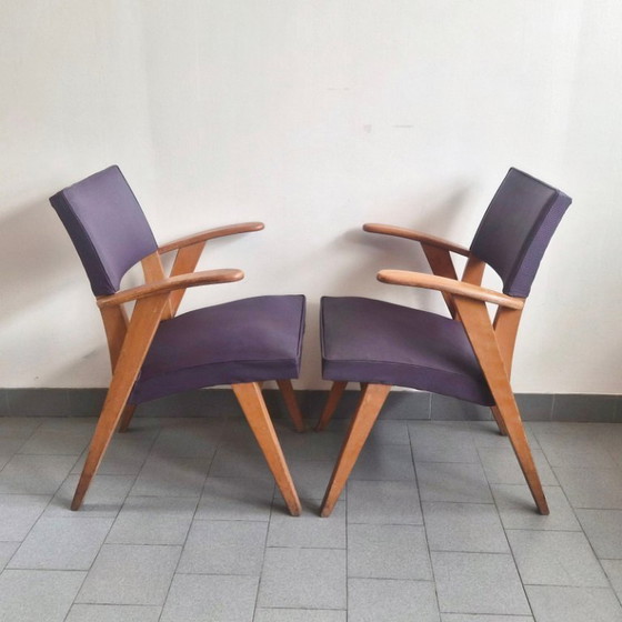 Image 1 of PAIRE DE FAUTEUILS BRIDGE VINTAGE 1950 EN HETRE PIEDS COMPAS 50S ROCKABILLY