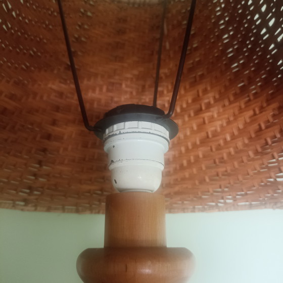 Image 1 of Vintage Mid-Century Table Lamp - Solid Beech & Rattan - 60cm