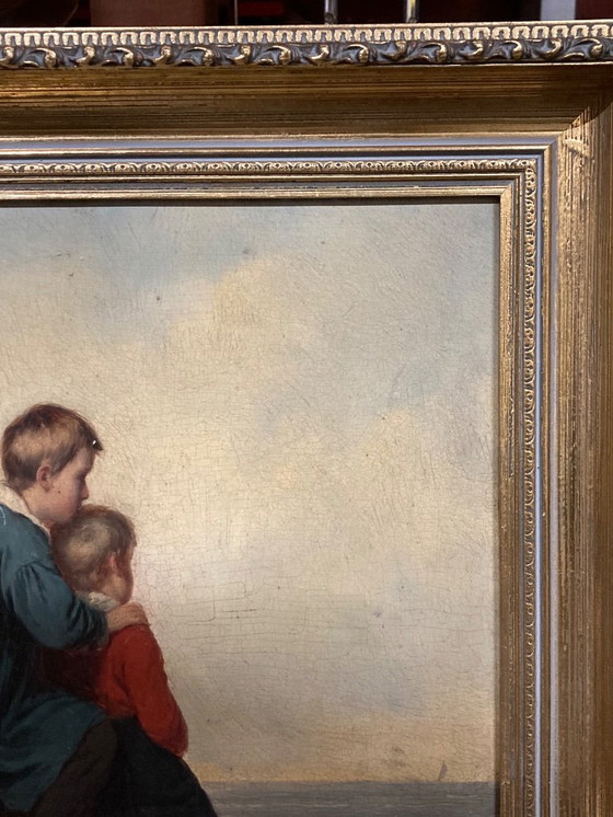 Image 1 of Peinture à l'huile ancienne sur panneau de bois représentant deux enfants