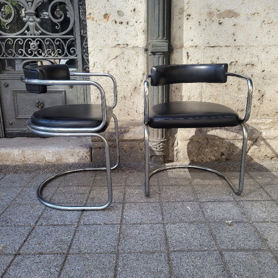 Image 1 of Coppia di poltrone Bauhaus, acciaio cromato e pelle nera, Movimento Moderno, anni '70 – Svizzera