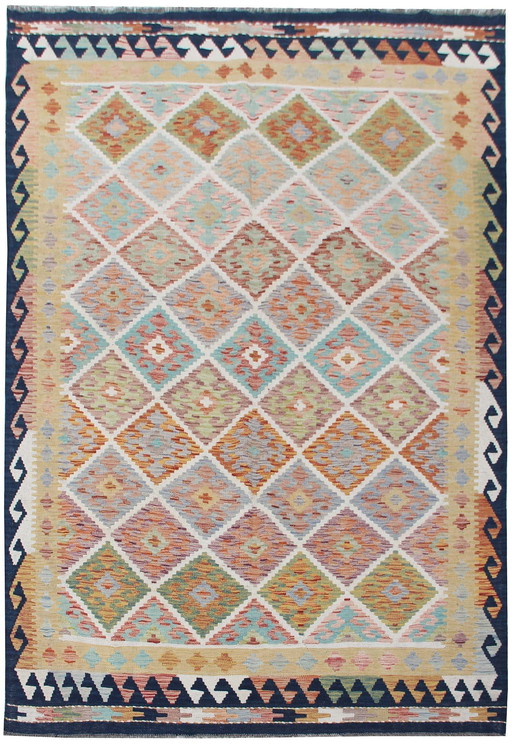 Handgeweven Afghaanse kelim - 250 x 172 cm - Geometrisch ruitpatroon & levendige natuurlijke kleuren - 100% wol