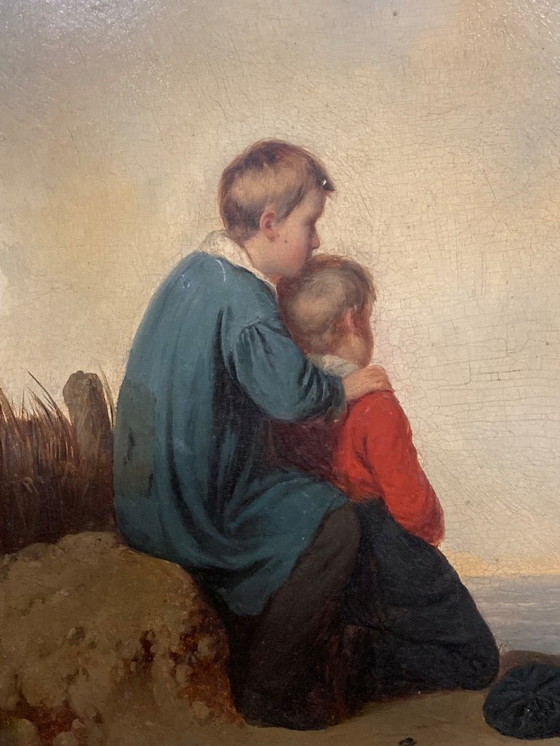 Image 1 of Peinture à l'huile ancienne sur panneau de bois représentant deux enfants