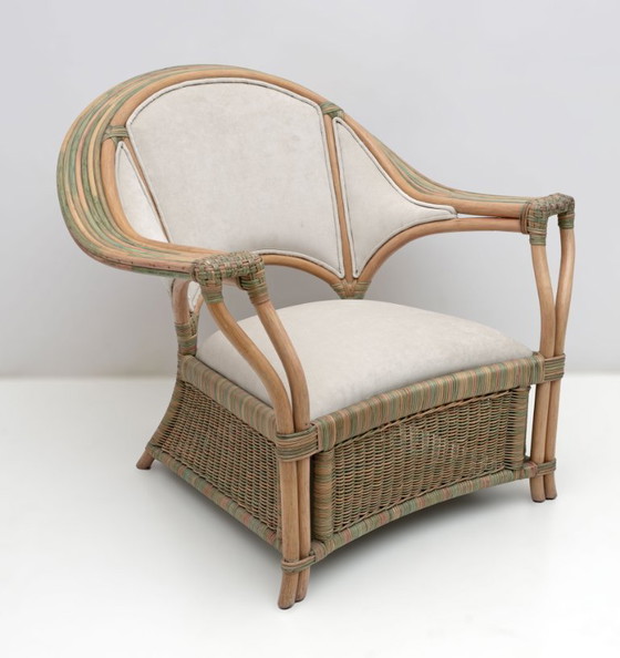 Image 1 of Mid-century Modern Italian Rattan and Wicker Two Armchairs and Sofa, 1970s