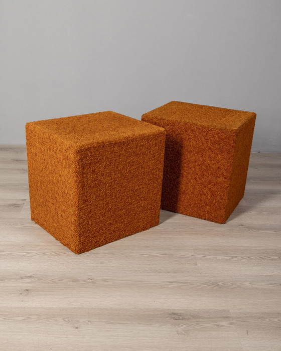 Image 1 of Pair of vintage 80s orange fabric poufs Italian design 