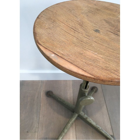 Image 1 of Vintage Industrial Stool in Steel and Wood, Height Adjustable, 1900s