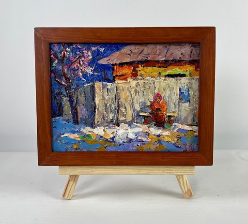 Original Oil Painting Winter Village Landscape Warm evening in grandma's house