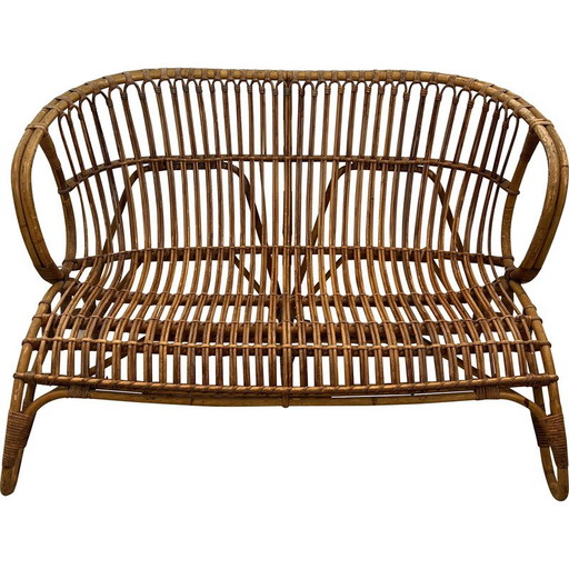 Banc vintage en rotin, France 1950