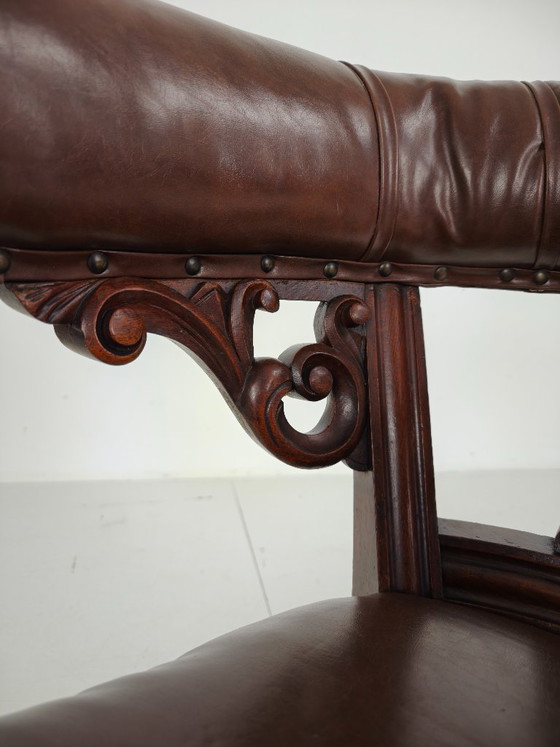 Antique Leather Armchair by Robson & Son – Carved Wood & Castors, Newcastle (photo 7 of 11)