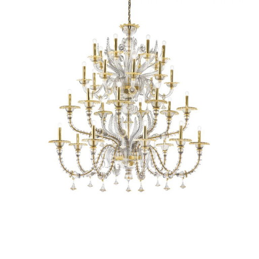 Eleganter, riesiger Ca’ Rezzonico Murano-Glas-Kronleuchter mit Goldakzenten und Blättern