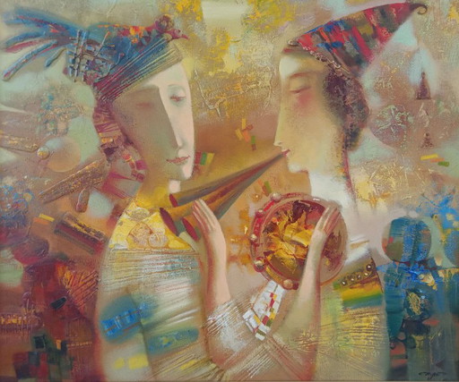 Peinture à l'huile originale Abstraite Figurative Duo