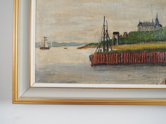 Image 1 of Peinture "Le moulin à vent au-dessus de la marina", design scandinave, années 1970