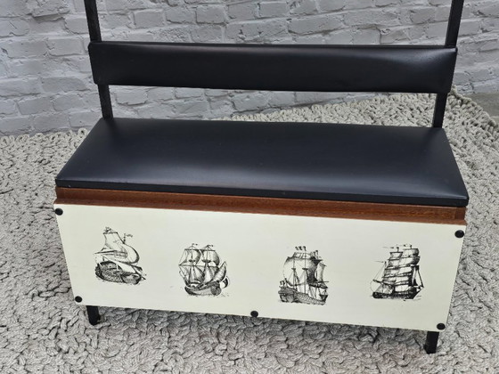 Image 1 of Mid-Century Design Wooden Coat Rack with Mirror and Storage Bench, Pastoe Style, Netherlands, 1960s