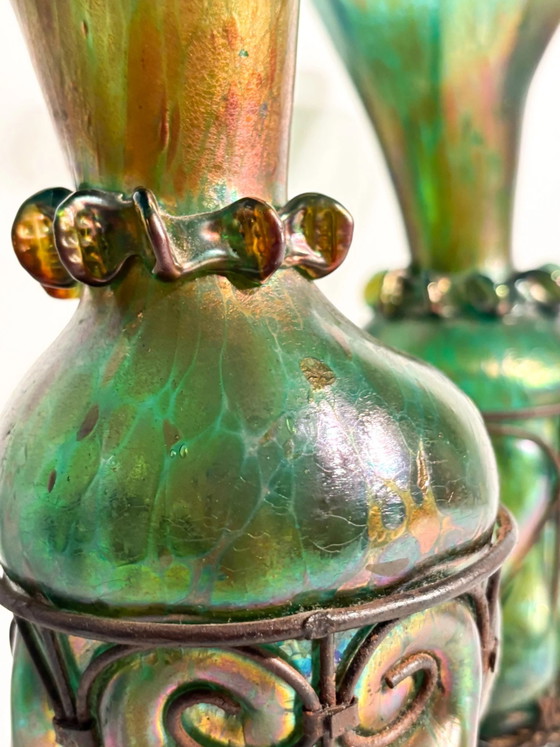 Pair of 1920s Loetz Glass and Wrought Iron Vases – Art Nouveau (photo 12 of 21)