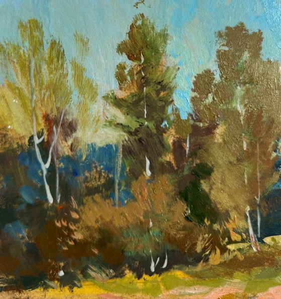 Image 1 of Original Oil Painting Autumn Forest Landscape Forest reflection in a pond