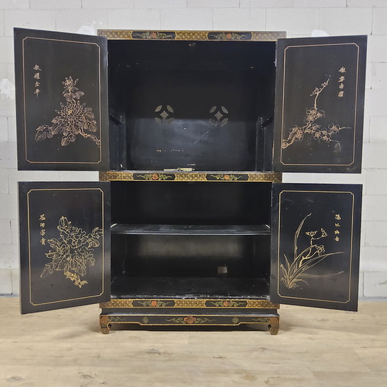 Image 1 of Vintage black Chinese lacquer cabinet with flowers and birds / bohemian / Asian / Oriental cabinet