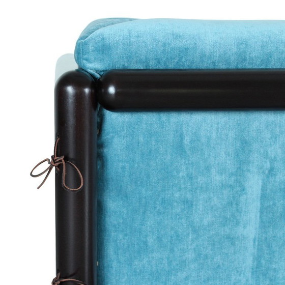 Image 1 of Cornaro two-seater sofa in iroko wood and blue velvet by Carlo Scarpa for Studio Simon, Italy, 1974