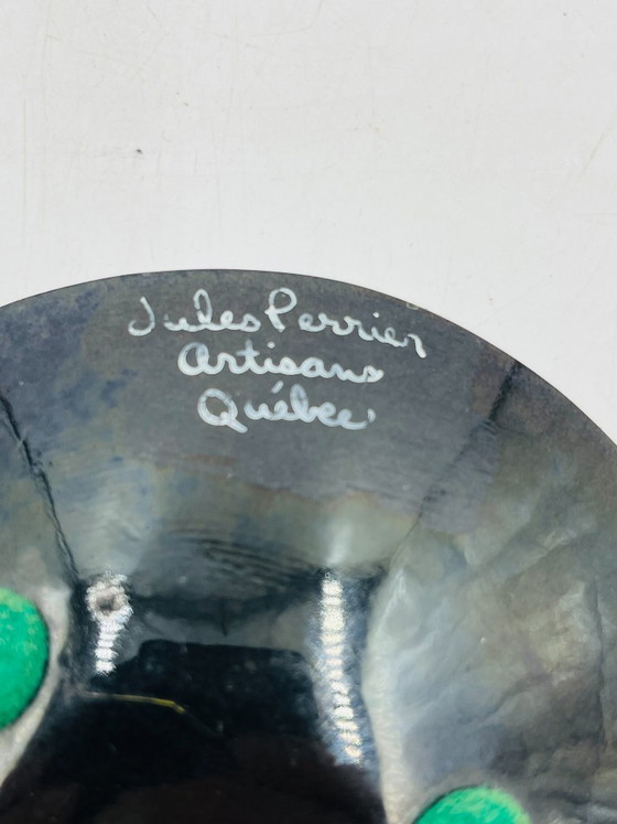 Image 1 of Enamelled leaf trinket tray signed Jules Perrier, artisan from Quebec