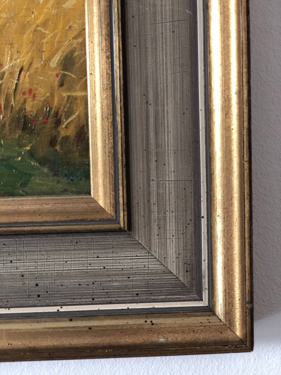 Image 1 of Peinture à l'huile originale vintage représentant un paysage de cottage : œuvre d'art encadrée