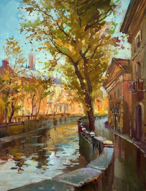 Image 1 of Original Oil Painting City River Landscape City alley with a river