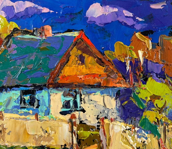 Image 1 of Original Oil Painting Summer Village Landscape Tree, house and endless sky