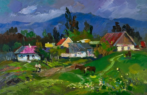 Image 1 of Original Oil Painting Summer Village Landscape Harmony of nature and human labor