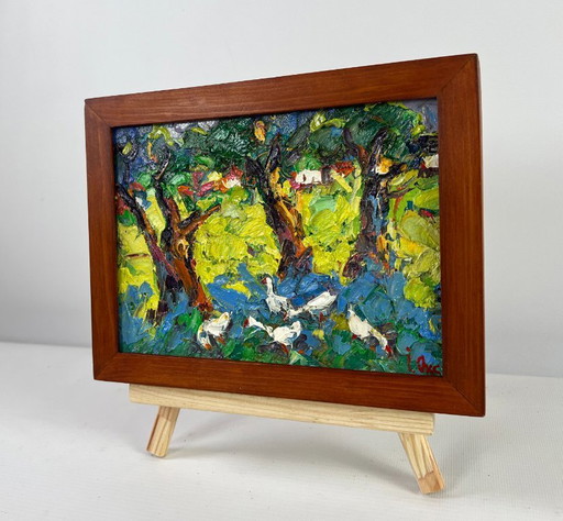Original Oil Painting Summer Village Landscape Dreams in the shade of trees