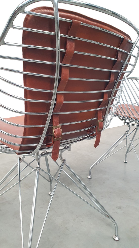 Image 1 of 2 Design Wire Chairs Chrome With Cognac Seat Pads