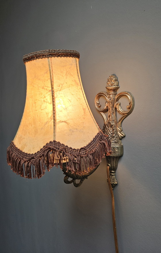 Image 1 of Lampade da parete in stile rococò francese, bronzo con paralumi in pelle