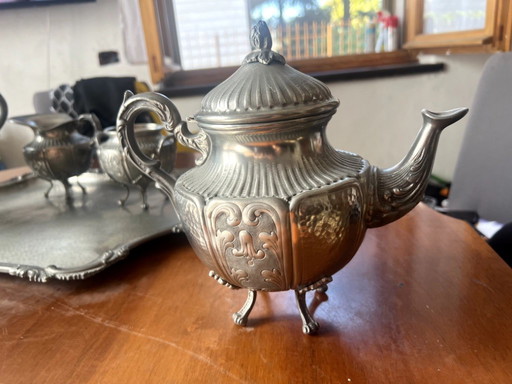 Antiek Louis XV tinnen thee- en koffieservies, jaren 1980-1990
